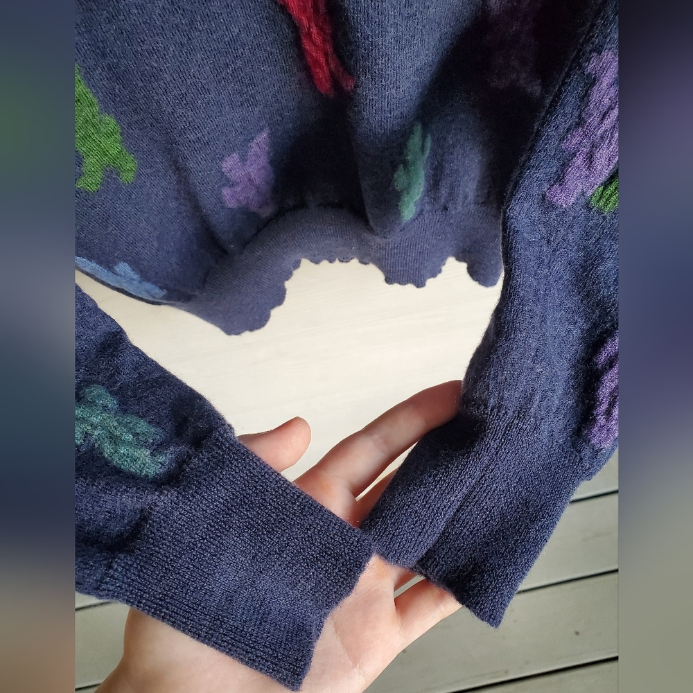 Bosco Fresh 100% Wool Multicolored Graphic Dino Pattern Navy Crewneck Sweater - Picture 5 of 14